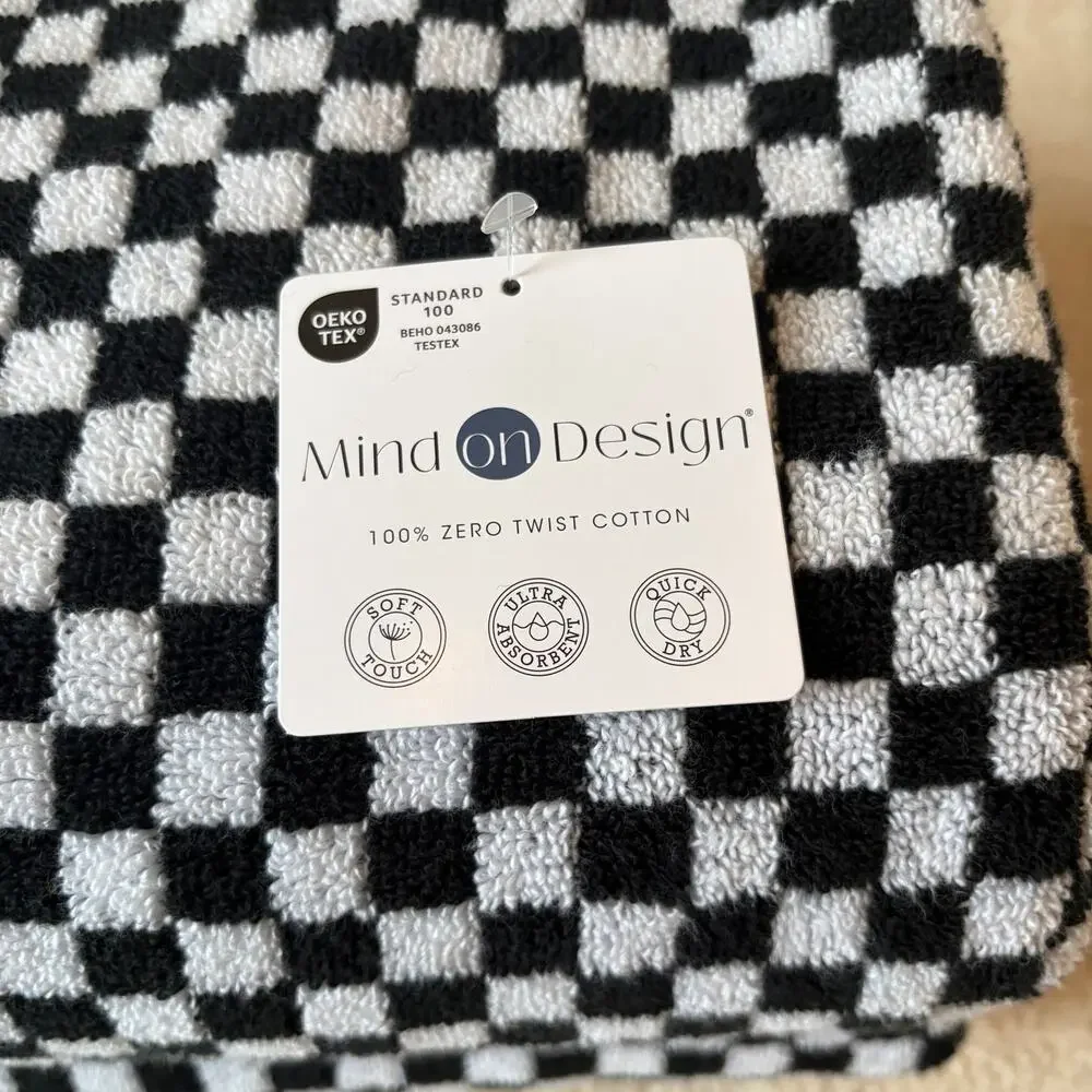 6pc Chic Black & White Checkered Towel Set- 2 Bath Towels 4 Washcloths Cotton